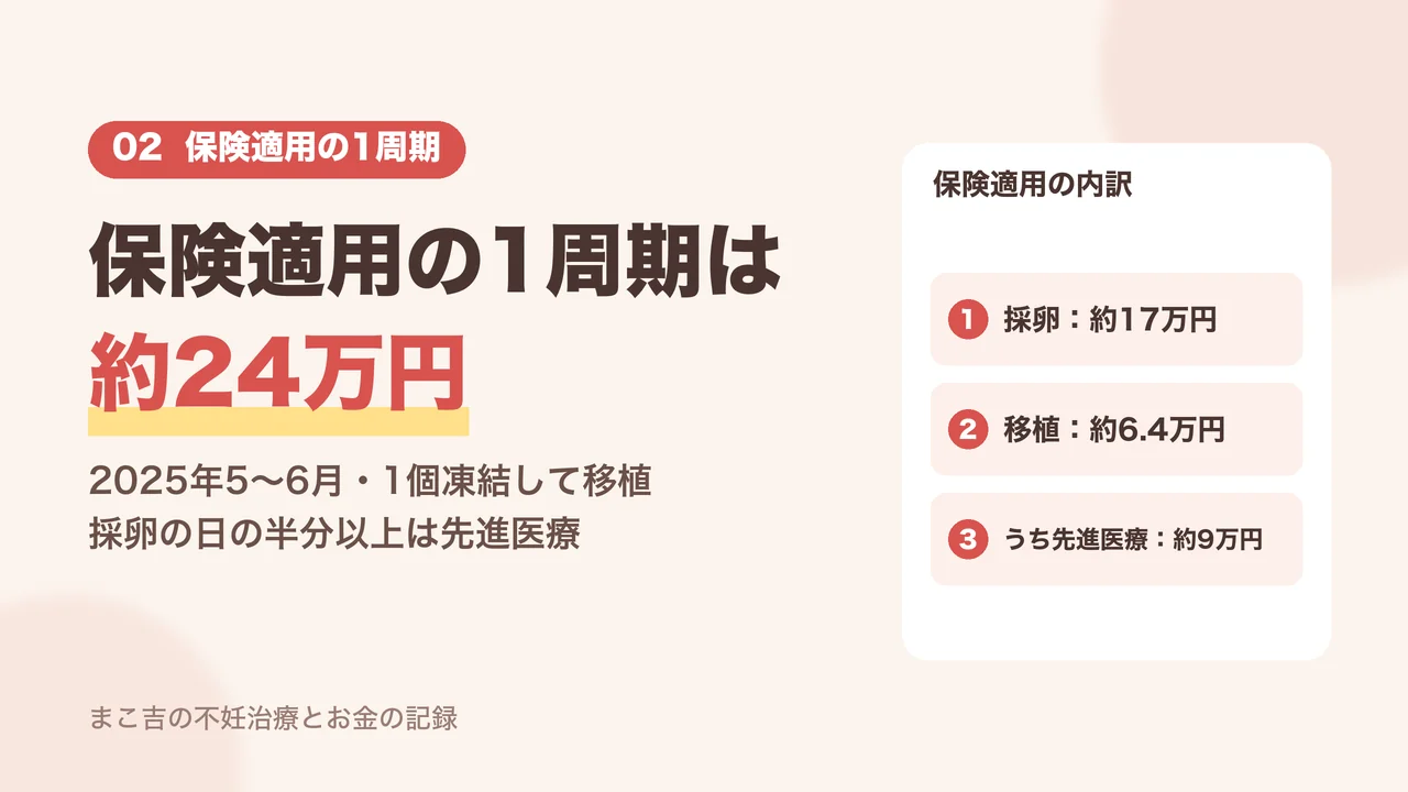 保険適用の1周期は約24万円。採卵約17万円・移植約6.4万円の内訳