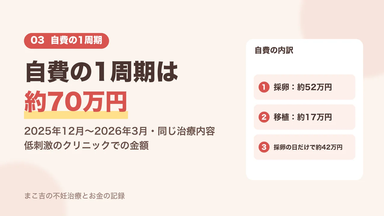 自費の1周期は約70万円。採卵約52万円・移植約17万円の内訳